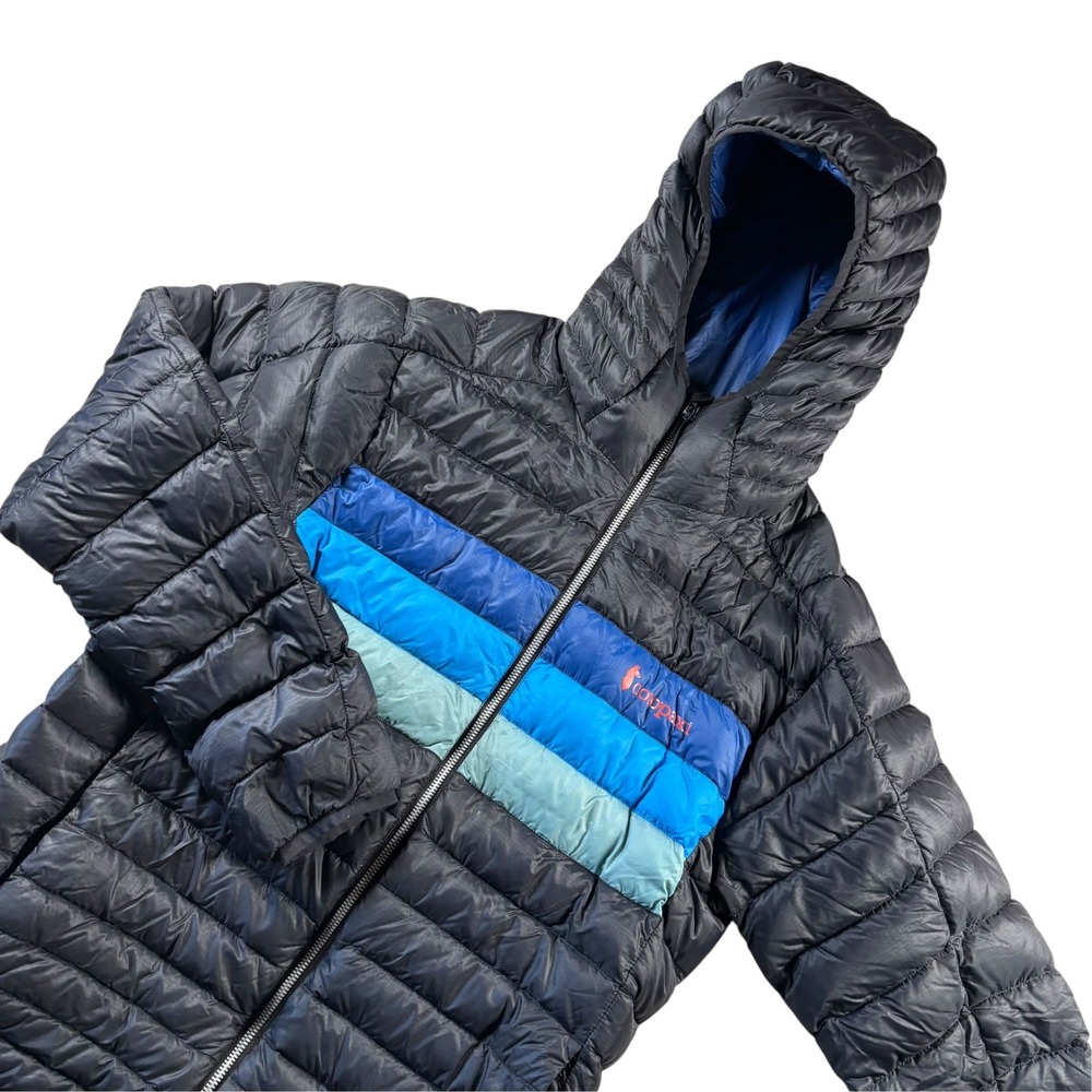 Cotopaxi Fuego Hooded Down Jacket Mens S Black Blue Colorblock Puffer Gorpcore